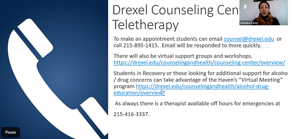 Screen shot of Drexel Counseling Center's contact information
